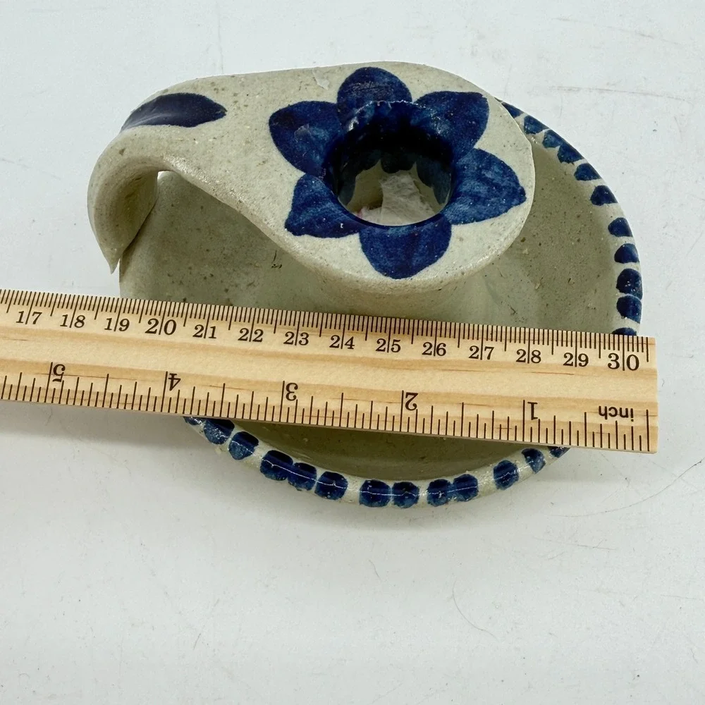 Williamsburg Pottery Stoneware Chamberstick Floral Salt Glaze Candle Holder Blue